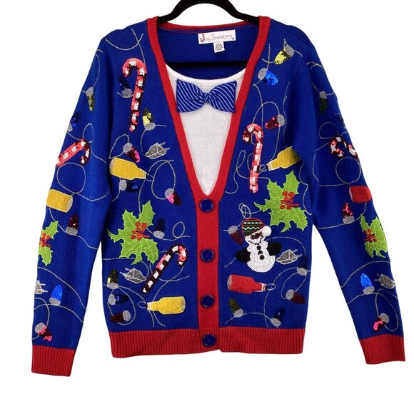 Jolly Sweaters Ugly Christmas Size SMall Cardigan Holiday Sequins Snowman Design - Picture 1 of 9